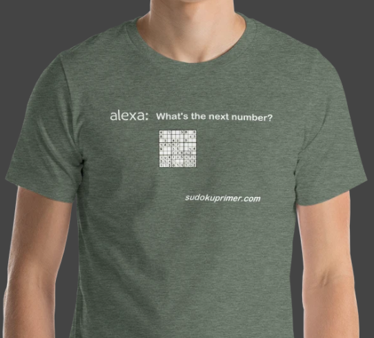 sudoku t-shirt with the text 'Alexa: What's the next number?' with a sudoku grid partially filled